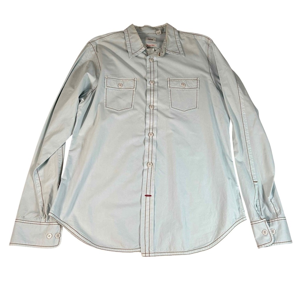Guess by Marciano Mens XL Light Blue Contrast Stitch Utility Button Front Shirt